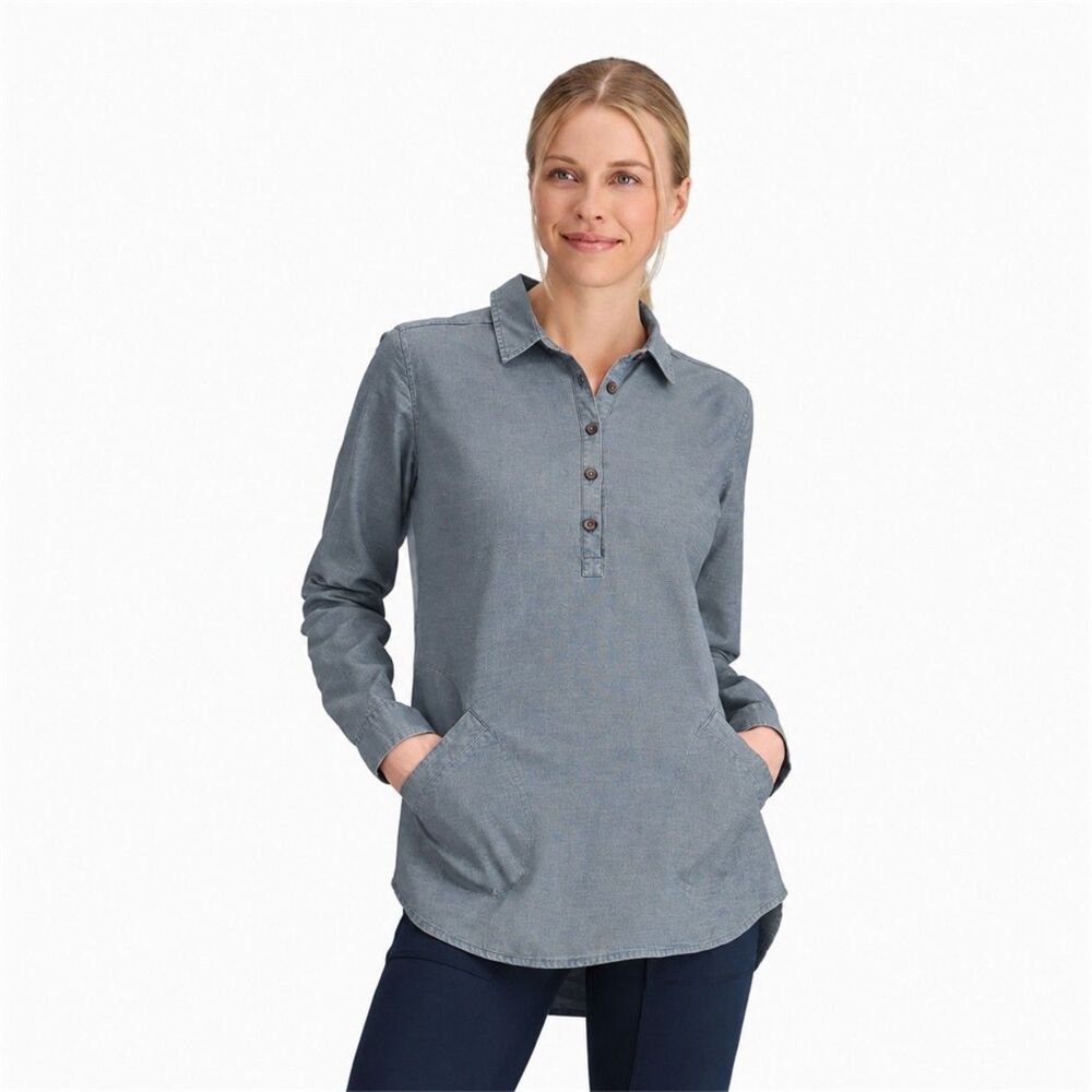 Royal Robbins Hemp Chambray Popover Tunic Large Coastal Blue Long Sleeve Pockets